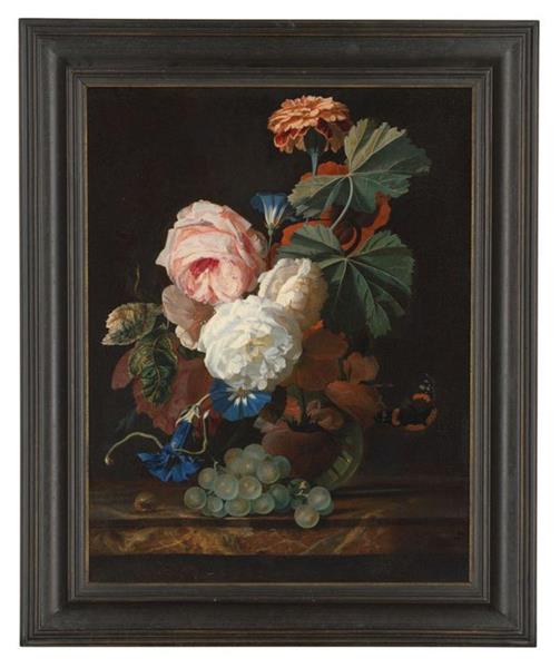 Roses, columbine, and poppies in a glass vase on a marble ledge with some grapes - Simon Pietersz Verelst