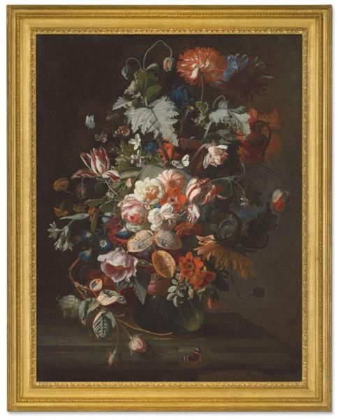 A carnation, roses, tulips, poppies, convolvuli and other flowers in a vase, with hovering butterflies, on a stone ledge - Simon Pietersz Verelst
