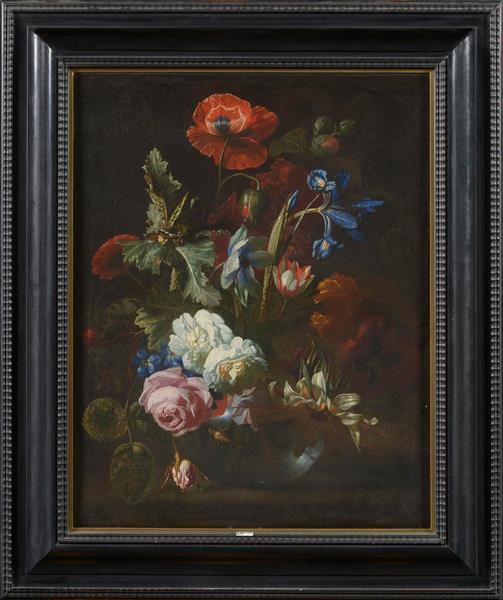 Roses, columbine, and poppies in a glass vase on a marble ledge with some grapes - Simon Pietersz Verelst