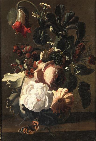 Roses, a poppy, an iris and other flowers in a vase on a table-top with a butterfly - Simon Pietersz Verelst