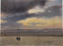 Lake scene with fishing boat - Theodore Gudin