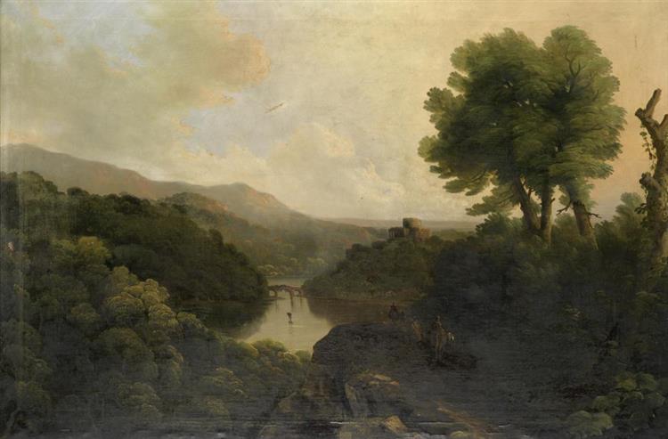An extensive river landscape with travellers on horseback - Thomas Barker of Bath