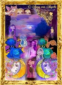 Romantische Nacht mit der Epiphanie der Juno Juventas in lila Aura zwischen blauen Rosen, mit symmetrischer Dualität der Luna und den Archetypen der Liebenden, mit dem Augenlicht der Hemera (Tages) und der Nyx (Nacht), mit Musen des Relaxens und mit Engelkraft. (d.) ;  Romantic night with the epiphany of Juno Juventas in a purple aura between blue roses, with the symmetrical duality of Luna and the archetypes of lovers, with the eyesight of Hemera (day) and Nyx (night), with muses of relaxation and with angelic power. (eng.) - Agnes von Angelis