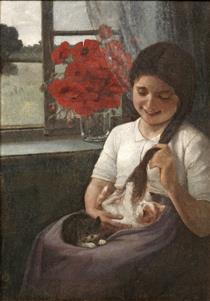 Girl in the playing with two kittens - Carl von Bergen