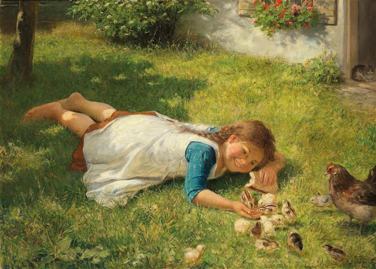 Playing with the chicks, 1912 - Carl von Bergen