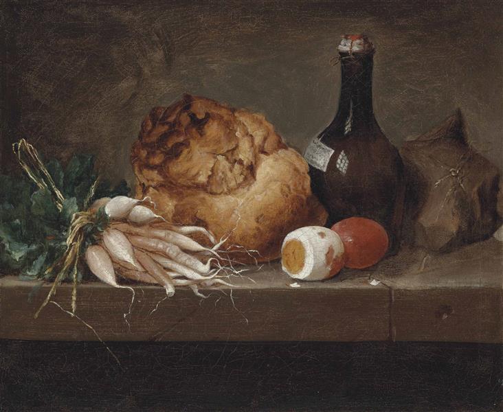 Parsnips, a Loaf of Bread, Eggs and a Bottle on a Stone Ledge, 1774 - Anne Vallayer-Coster