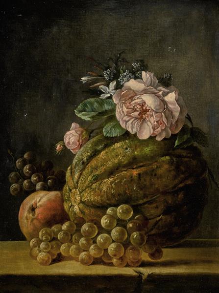 Still Life of a Melon, a Peach, Grapes and Flowers on a Ledge - Анна Валайер-Костер