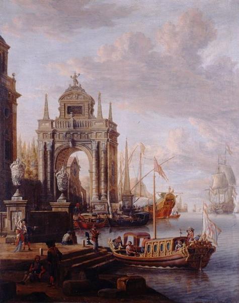 Port méditerranéen : vue d'une porte monumentale - Partie d'un ensemble de peintures, 1693 - Abraham Storck