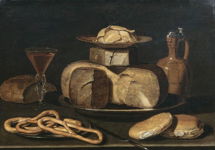 Still Life with Cheese, Jar, Pretzels, Bread and Wine, c.1630 - Clara Peeters