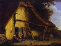 A Peasant Family Outside a Cottage - Адриан ван Остаде