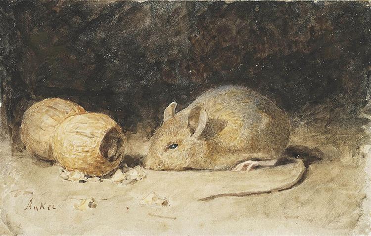 A mouse with a peanut - Albrecht Anker