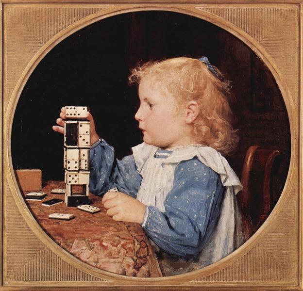 The girl with the dominoes, tondo - Albert Anker