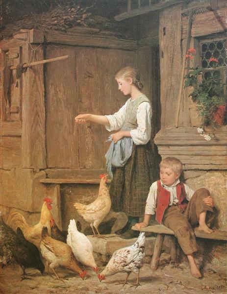 Young girl feeding the hens, 1865 - Альберт Анкер