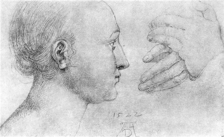 Studies on a great "picture of Mary"   girl's head and pair of hands - Albrecht Durer