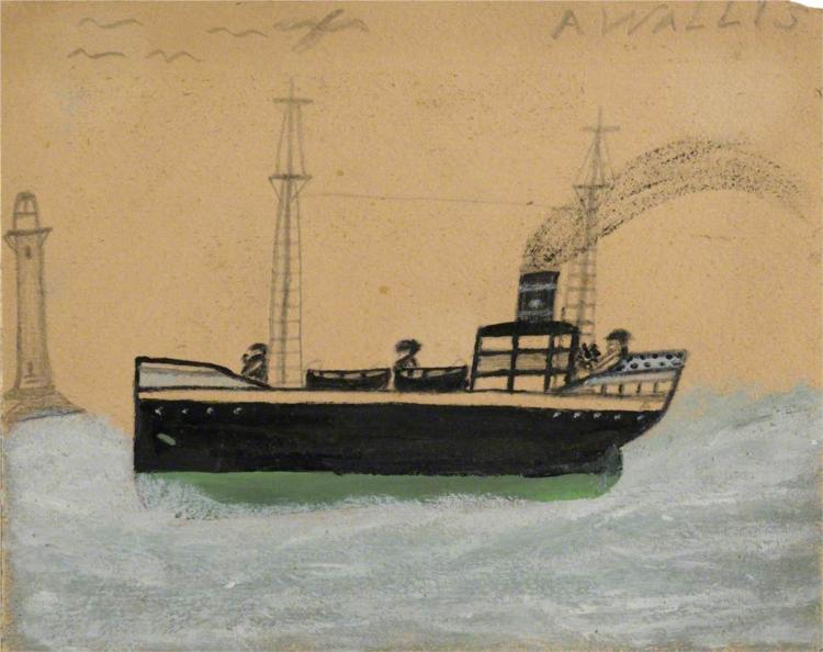 Green and Black Steamer, Lighthouse and Seagulls - Alfred Wallis