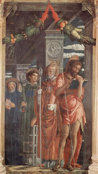 Altarpiece of San Zeno in Verona, right panel of St. Benedict, St. Lawrence, St. Gregory and St. John the Baptist, 1459 - Andrea Mantegna