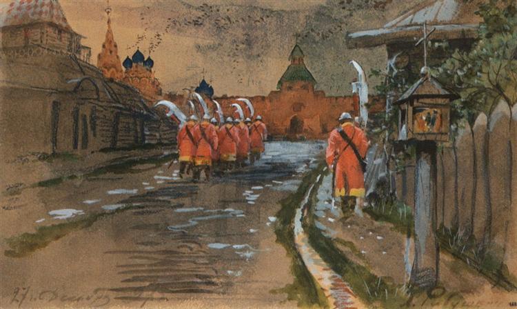 Strelets Patrol at Ilyinskie gates in the old Moscow, 1897 - Андрей Рябушкин