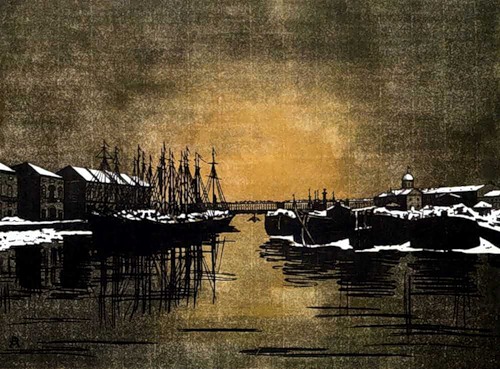 Biron Palace and barges, 1916 - Anna Ostroumova-Lebedeva