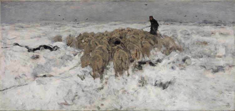 Flock of sheep with shepherd in the snow - Anton Mauve