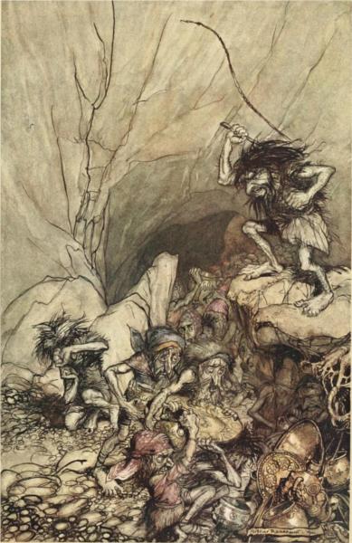 Alberich drives in a band of Niblungs laden with gold and silver treasure - Arthur Rackham