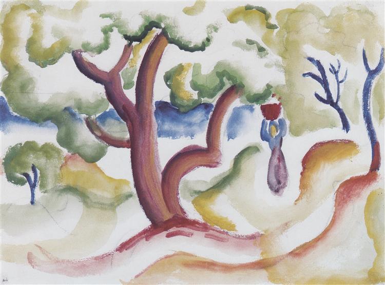 Woman with pitcher under trees, 1912 - 奧古斯特·馬克