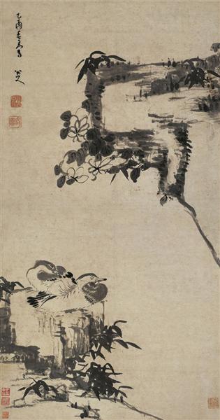 Bamboo, Rock, and Mandarin Ducks - Zhu Da