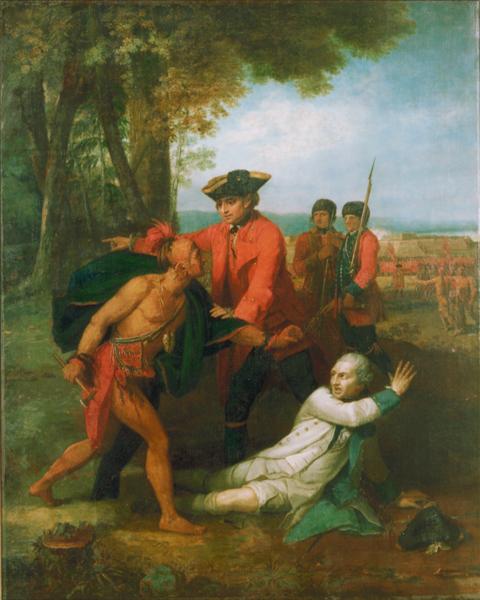 Генерал Джонсон спасает раненого французского офицера от томагавка североамериканского индейца, 1764 - 1768 - Бенджамин Уэст