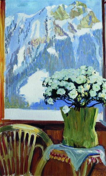 Цветы на балконе на фоне гор, 1912 - Борис Кустодиев