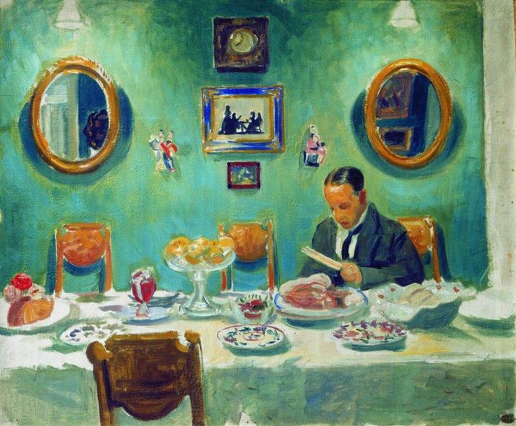 Портрет М.В.Добужинского за столом, 1913 - Борис Кустодиев