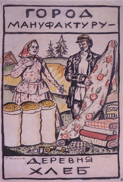 Sketch of Poster City gives Textiles - a Village gives Bread, 1925 - Borís Kustódiev