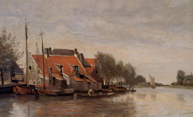 Близ Роттердама, маленькие дома на берегу канала, 1854 - Камиль Коро