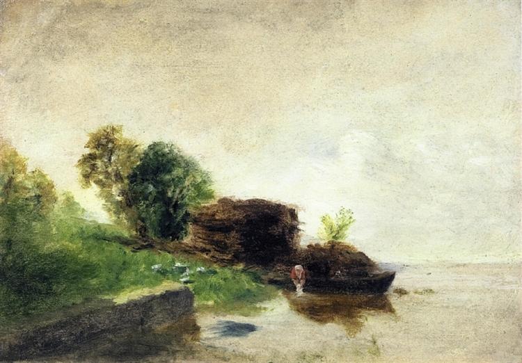 Laundress on the Banks of the River, c.1855 - Камиль Писсарро