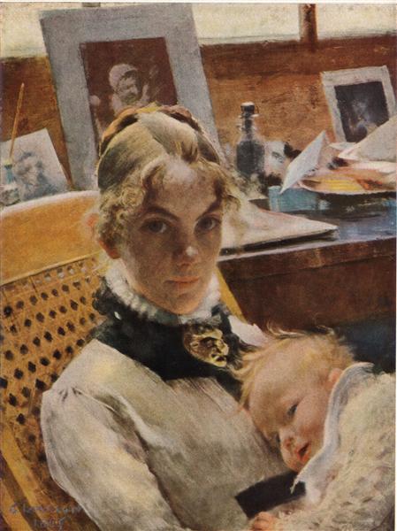 A studio idyll. The artist's wife with daughter Suzanne - Carl Larsson