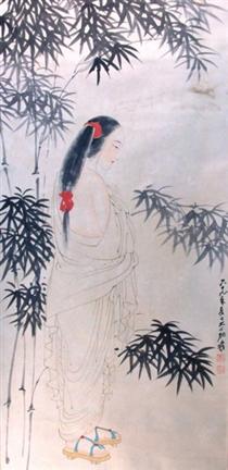 Beauty in Red Hair-kerchief, Wooden Shoes, White Robe, Bamboos - Zhang Daqian