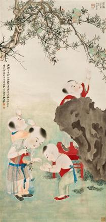 Children Playing under a Pomegranate Tree - Чжан Дачань