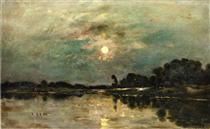 Riverbank in Moonlight - 夏尔-弗朗索瓦·多比尼