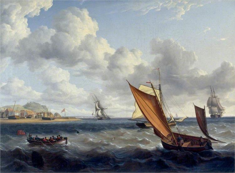 A Fishing Lugger and Customs Boat off a Coastal Town, 1823 - Charles Martin Powell