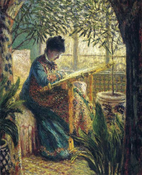 Madame Monet Embroidering, 1875 - 莫內