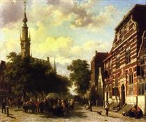 A Busy Market in Veere with the Clocktower of the Town Hall Beyond - Cornelis Springer