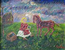 A girl watering horse - David Burliuk