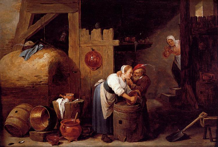 Interior scene with a young woman scrubbing pots while an old man makes advances, c.1645 - Давид Тенирс Младший