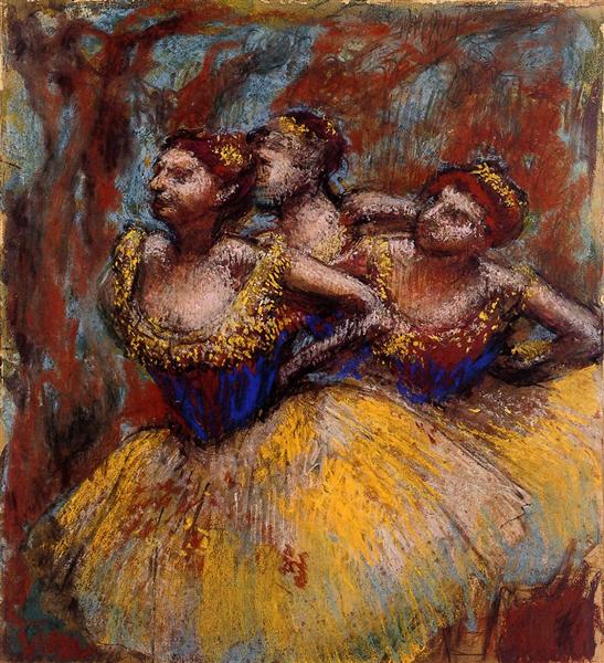 Три танцовщицы. Желтые пачки, синие корсажи, c.1896 - Эдгар Дега