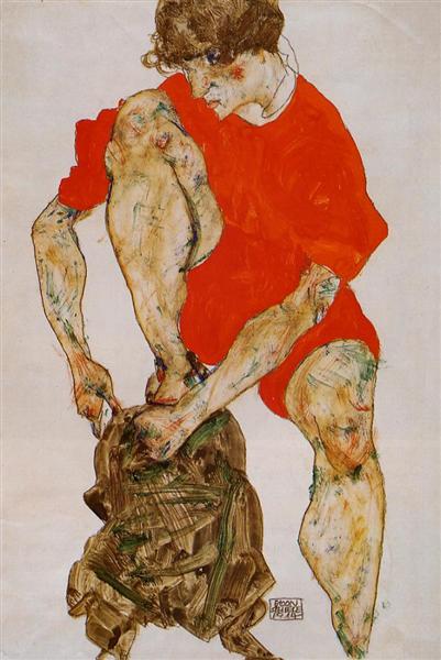 Female Model in Bright Red Jacket and Pants, 1914 - Egon Schiele