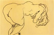 Long haired nude, bent over forward, jerk view - Egon Schiele