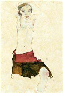 Semi Nude with Colored skirt and Raised Arms - Эгон Шиле
