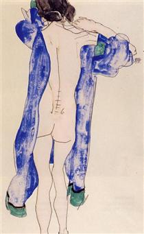 Standing Female Nude in a Blue Robe - Egon Schiele