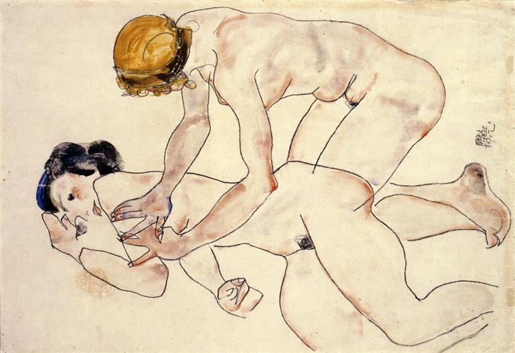 Two Female Nudes, One Reclining, One Kneeling, 1912 - Эгон Шиле