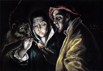 Alegoria. Menino acendendo uma vela em companhia de um macaco e um idiota. Fábula - El Greco