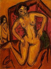Desnudo de rodillas ante un biombo rojo - Ernst Ludwig Kirchner
