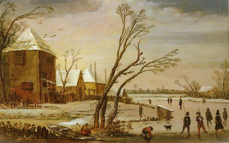 A Frozen River with Skaters, 1619 - Эсайас ван де Вельде
